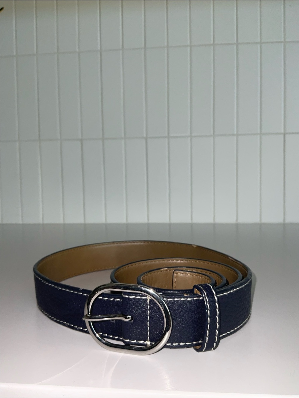 Talbots Navy Leather Belt with Silver Buckle